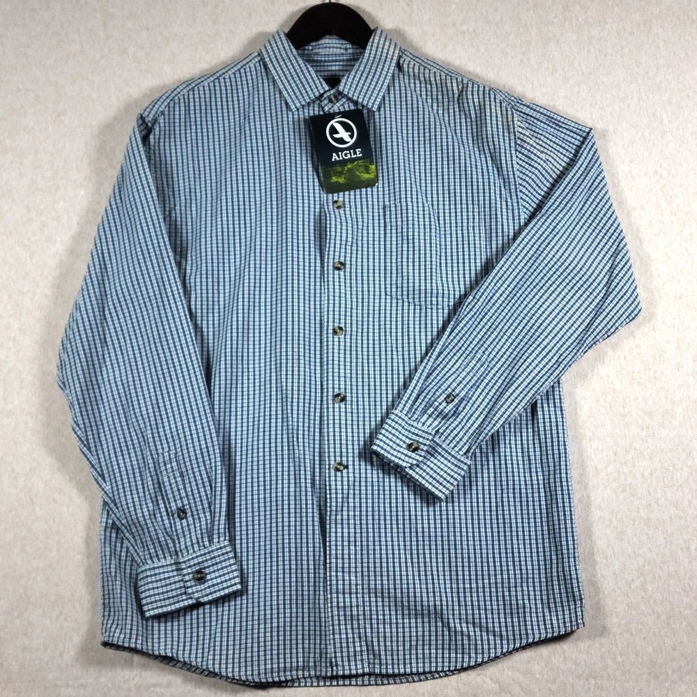 Aigle Gorpcore Shirt Mens L Blue White Check Plaid Button Down Cotton NWT Flaw